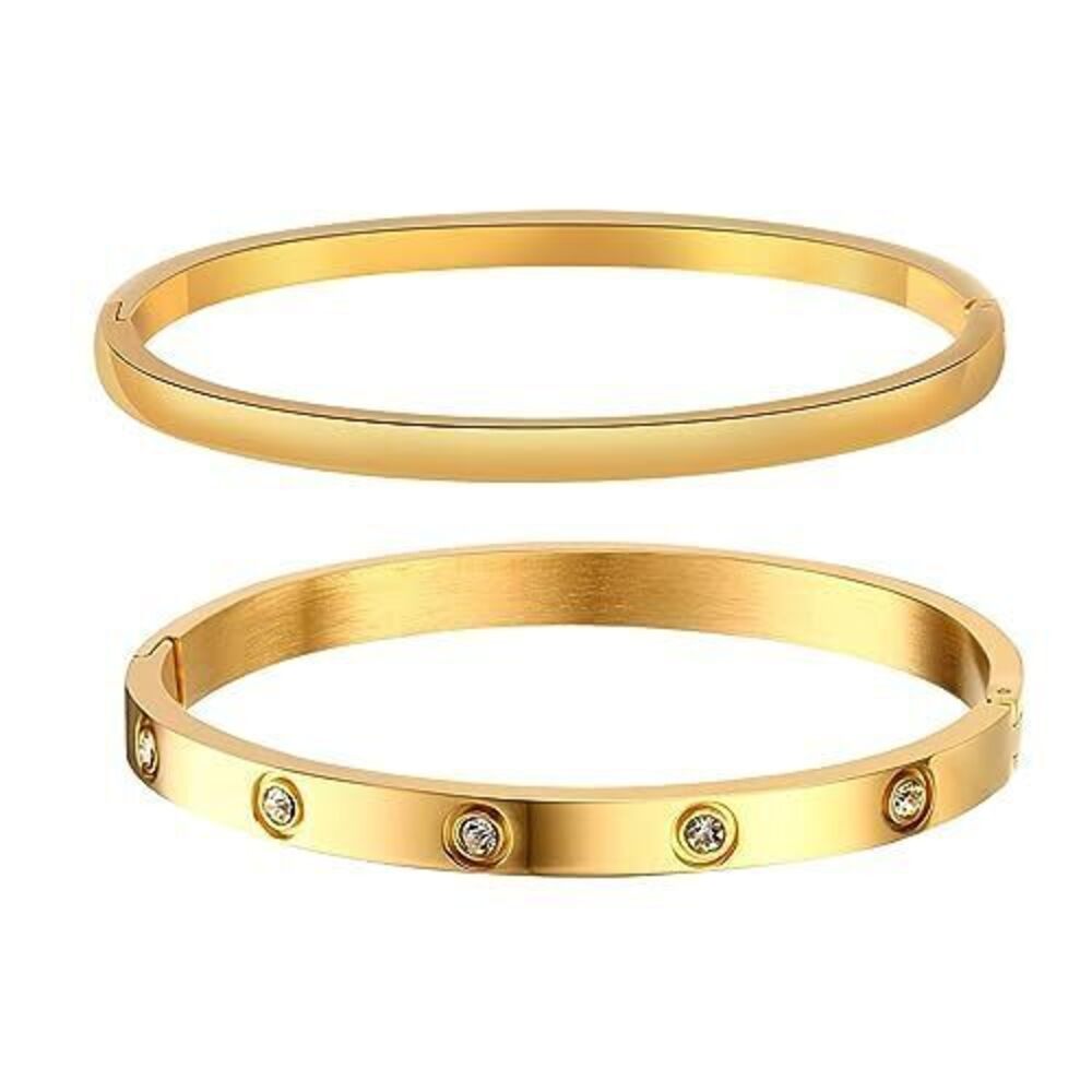 7747 Gold Bracelets , 2Pcs 18K Gold Plated Cubic Zirconia Bangle Crystal